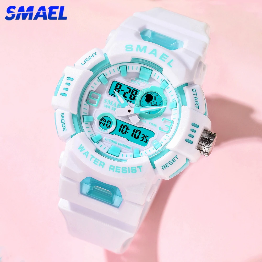 SMAEL-Relógio digital de quartzo feminino, Dual Time Display, relógios de pulso Lady White, cronômetro feminino, nova moda esportiva, 8083