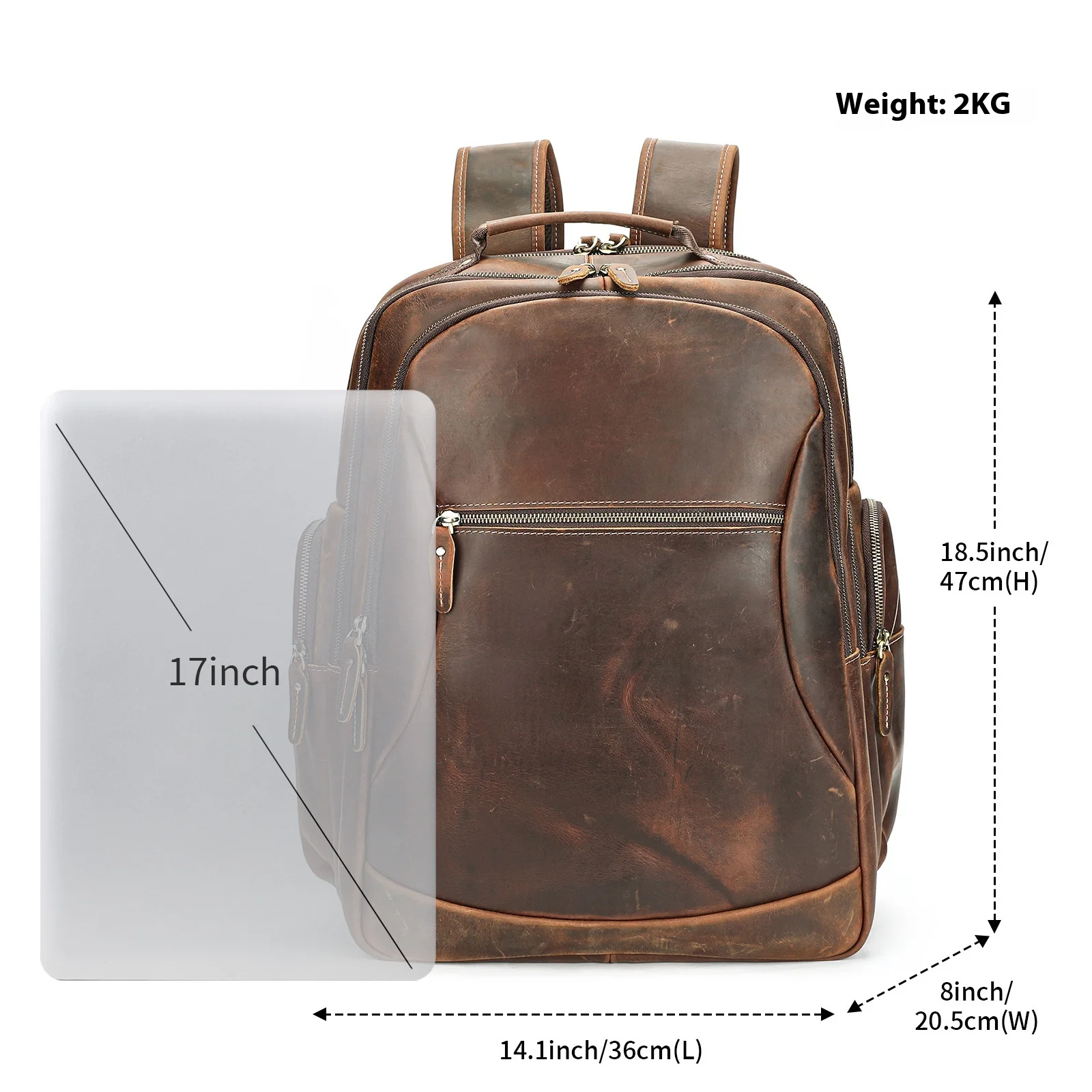 New Crazy Horse Leather Men's Backpack High Capacity 17 Inches Laptop Bag Vintage Style