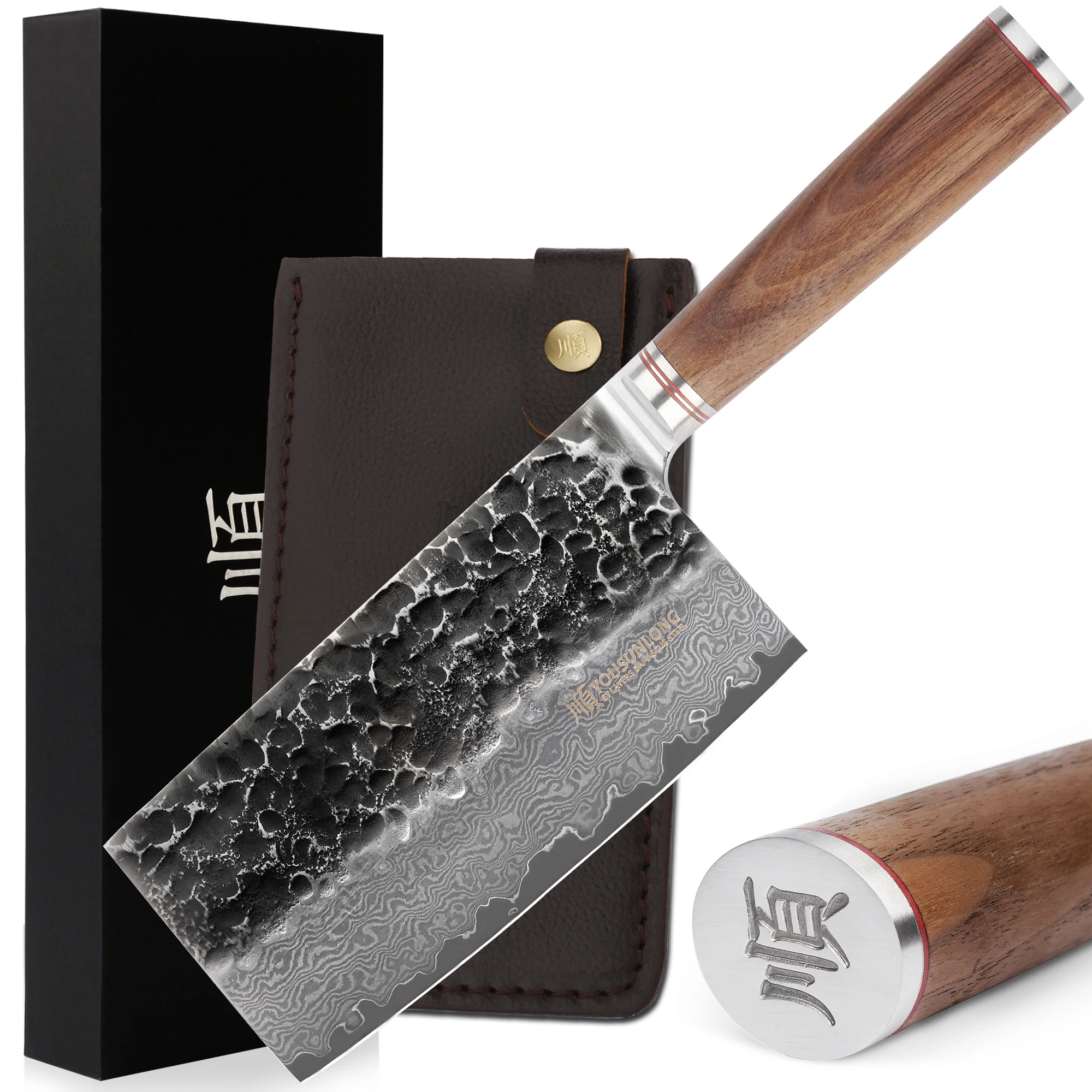 

YOUSUNLONG Meat Cleaver 7 inch Vegetable Cleaver Japanese Hammer Damascus Steel - Natural Walnut Wooden Handle with Leather Shea