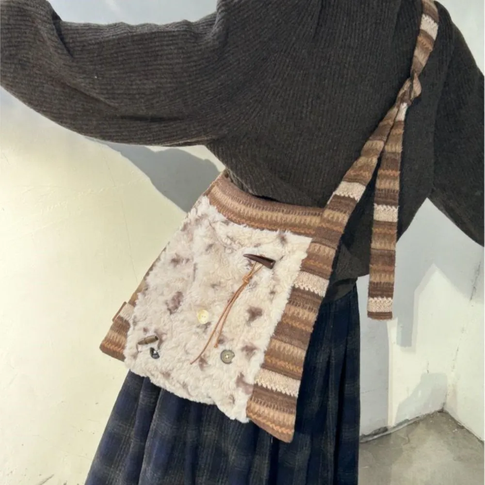 JIAERDI Retro Stripe Tote Bag Women 2025 Harajuku Plush Patchwork Soft Casual Handbag Female Large Capacity Shoulder Bags Bolsos