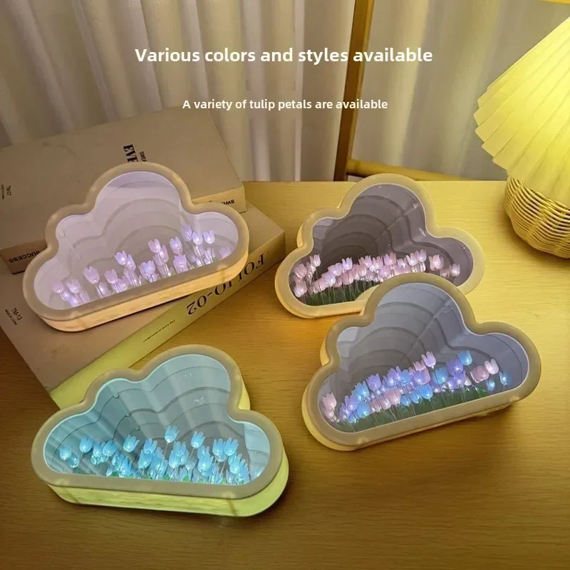 DIY Cloud Tulip Night Light Handmade Material Flower Home Decor Mirror Creative Atmosphere Lamp Valentine's Day Birthday Gift