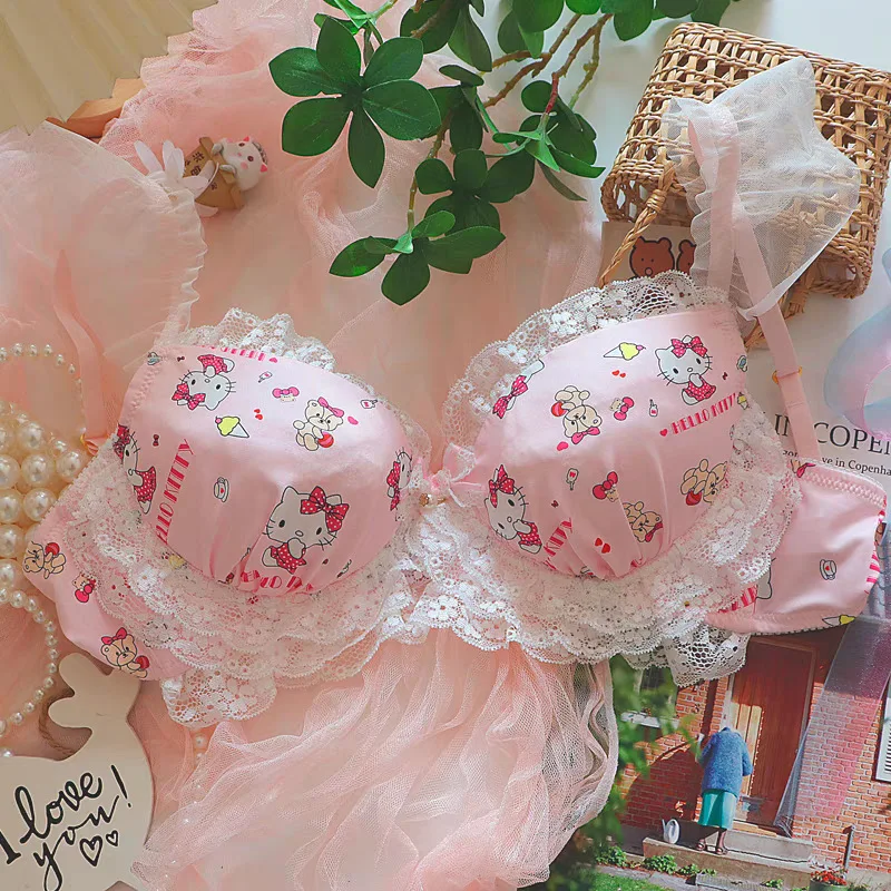 Japanese Sweet lace lingerie Women's underwire bow Cute pink bra