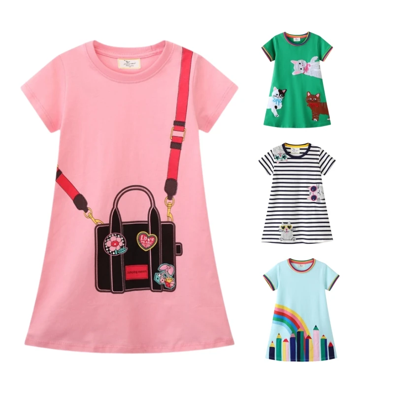 Girls Princess Dresses Cotton Summer Short Sleeve Children's T-shirt Dress Bright Baby Clothes Birthday Kids Toddler Costume