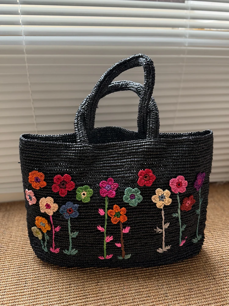 Bohemian Flower Straw Bag Handbag Summer Raffia Beach Bags for Women Shoulder Bag Handmade Bali Travel Woven Rattan Bags Tote
