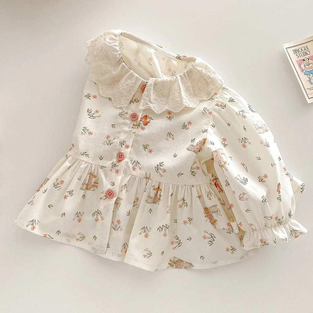 Girls Blouse Floral Cotton Collar Spring Toddler Long Sleeve Tops Princess 1st Birthday Kids Shirts Children's Clothing