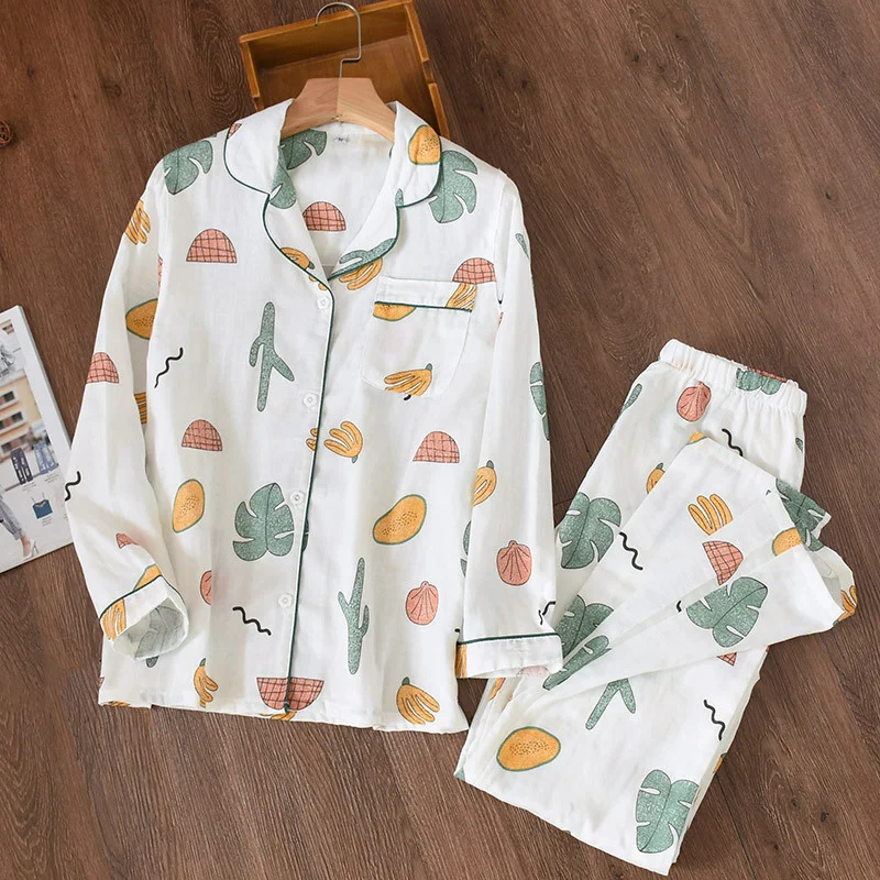 Women Pajamas Set 100% Gauze Cotton Cartoon Avocado Cactus Printed Sleepwear 2Pcs Turn-down Neck Shirt+Pants Comfort Homewear pyjama sets