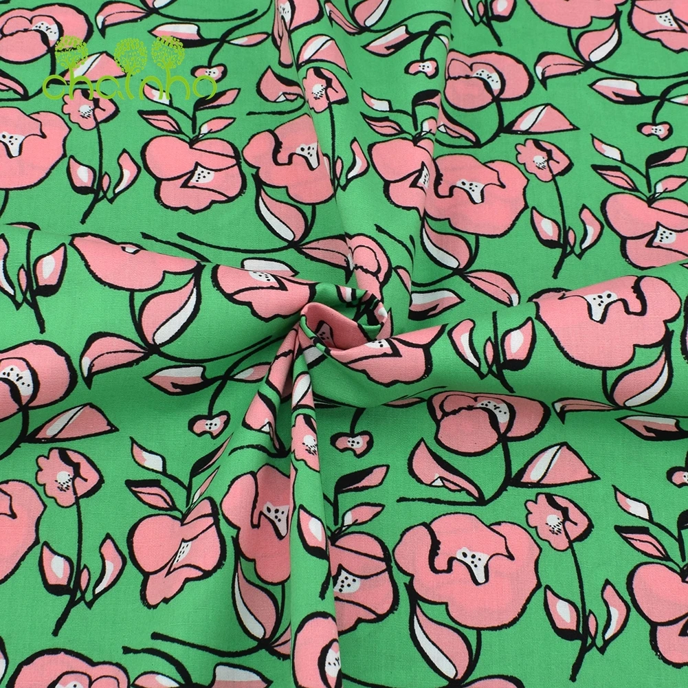 Chainho,Printed Plain Weave Poplin Cotton Fabric,DIY Sewing Quilting Material,Patchwork Cloth,Flower Series,3 Sizes,15PC77
