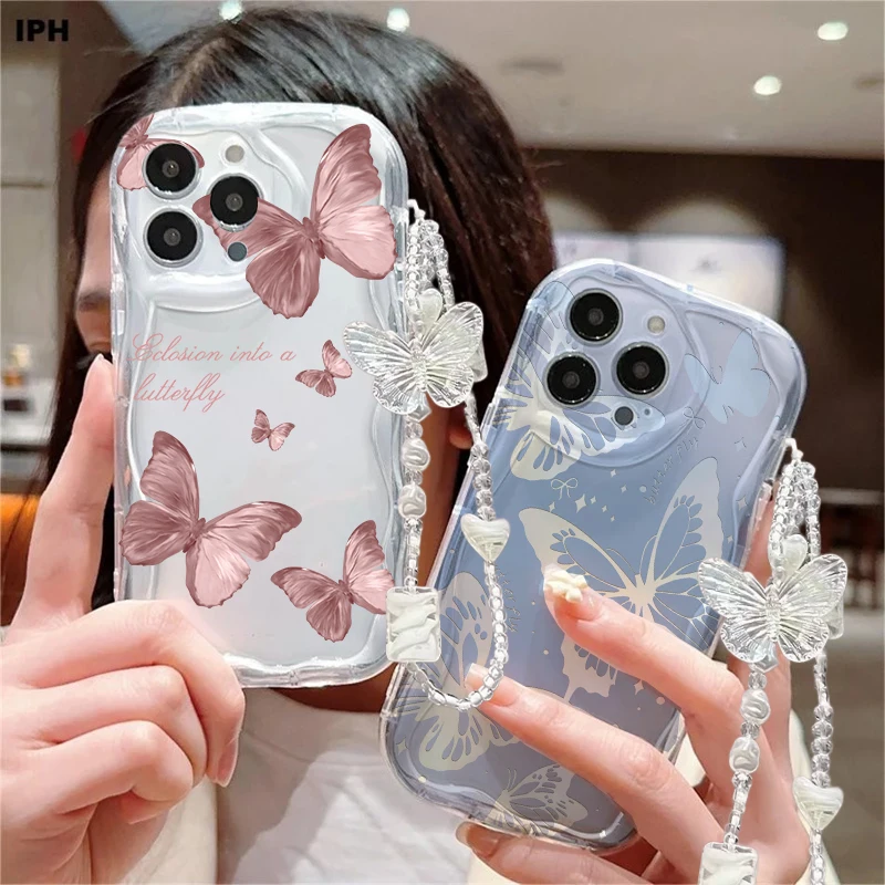 Elegant Butterfly Pattern Phone Case with Lanyard Attachment
