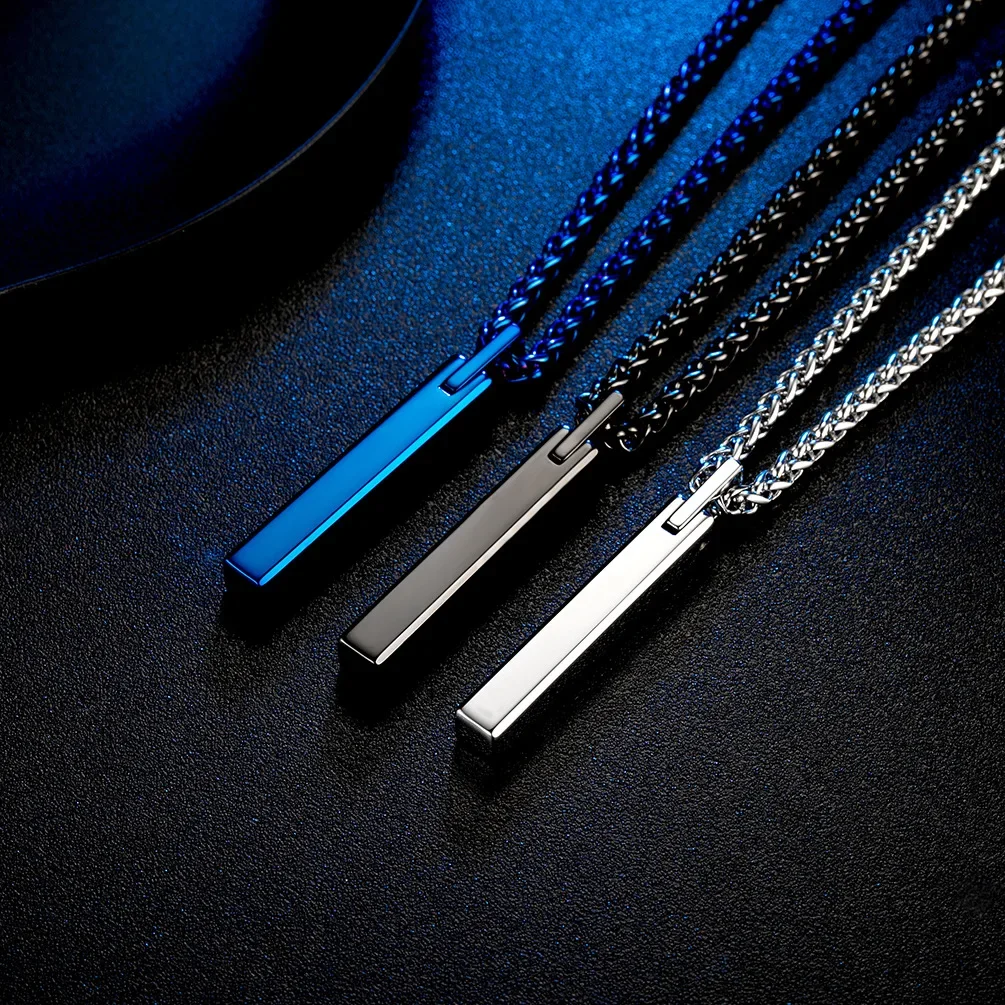 

New Black Blue Geometric Rectangle Pendant Necklace for Men Tungsten Steel Necklaces Anniversary Male Jewelry Gift 24Inch Chain