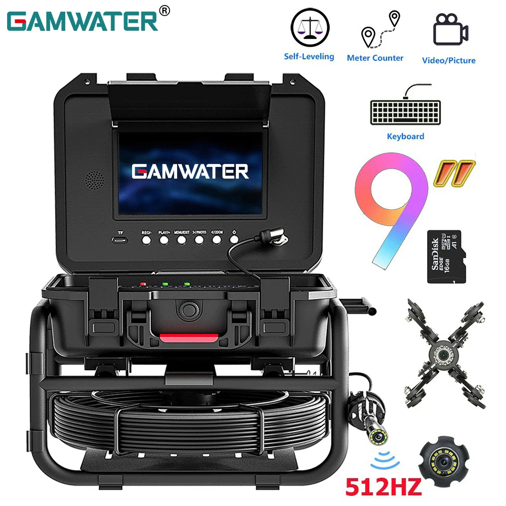파이프 검사 내시경 카메라, DVR 비디오 녹화, 5X 이미지 확대, 계량기 카운터, 512HZ, 9 인치 IPS 셀프 레벨링, 5mm, 7mm, 23mm