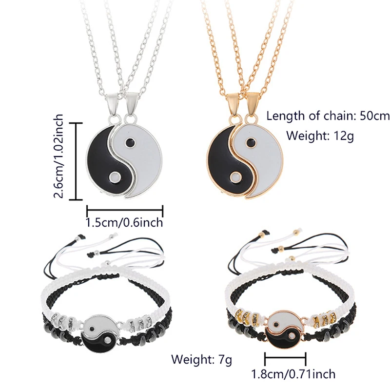 2Pcs Tai Chi Yin Yang Couple Bracelets Necklaces Set Pendant Adjustable Braid Chain Bracelet Matching Lover Bracelets Choker bangle bracelet chain bracelet woven bracelets