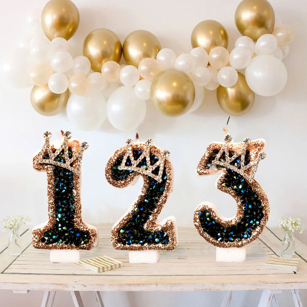 Black Diamond Crown Candle 0-9 Number Happy Birthday Cake Candles Birthday Candle Cake Topper Decoration Wedding Party Decor