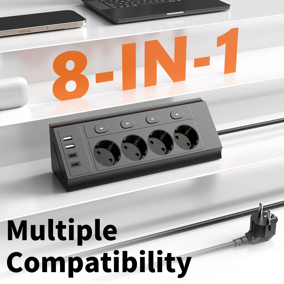  EU desktop corner power strip, a power strip with multiple switches independently controlling the outlets, extension cord power 