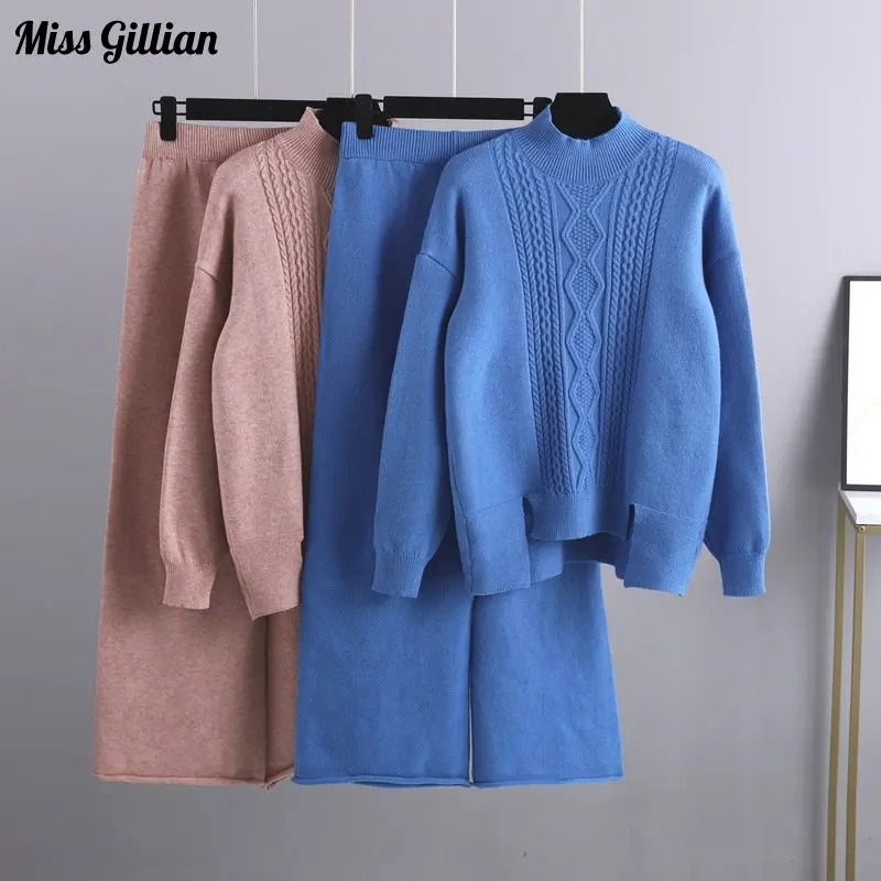 

Autumn Winter Women's Knitted Suit Pullover Long Sleeve Tops Keep Warm Two Piece Pants Sets Casual Basic Tracksuit 2 Pieces