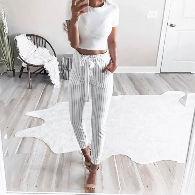 Women Bow Tie Elastic Waist Striped Stylish Casual Pants 2024 Summer Bandage Trousers High Waist Harem Pants for Female Harajuku vimly high waisted women s denim pants 2023 autumn new in casual harem jeans straight loose woman trousers female clothing 72197