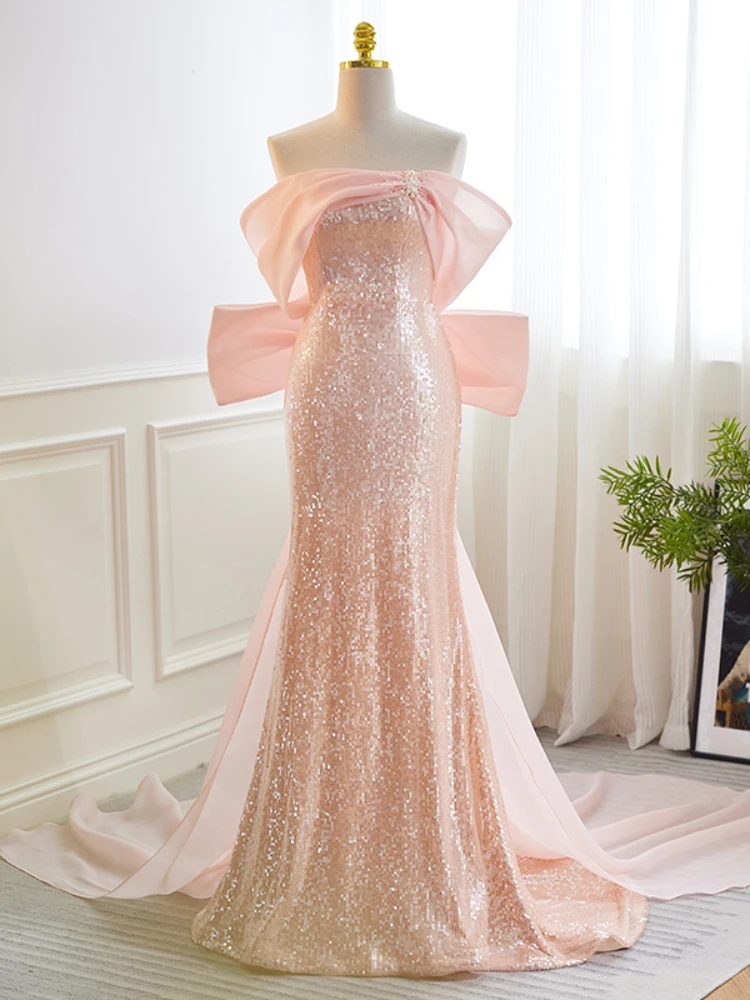 

Sweet Solid Slash Neck Sexy Slim Mermaid Long Evening Party Dress Luxury Shinny Elegant Gown Chic Bow Tailing Design Vestidos