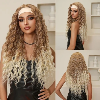 Headband Synthetic Wigs Long Afro Kinky Curly Golden Blonde Platinum Ombre Wig for Black Women Use Water Wave Wig Heat Resistant