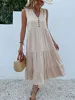 Casual Summer Midi Dress Women Sleeveless Tank V Neck Buttons Ruffle Loose Dresses Beach Soild Sundress Fashion 2