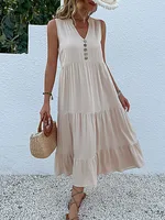 Casual Summer Midi Dress Women Sleeveless Tank V Neck Buttons Ruffle Loose Dresses Beach Soild Sundress Fashion 2