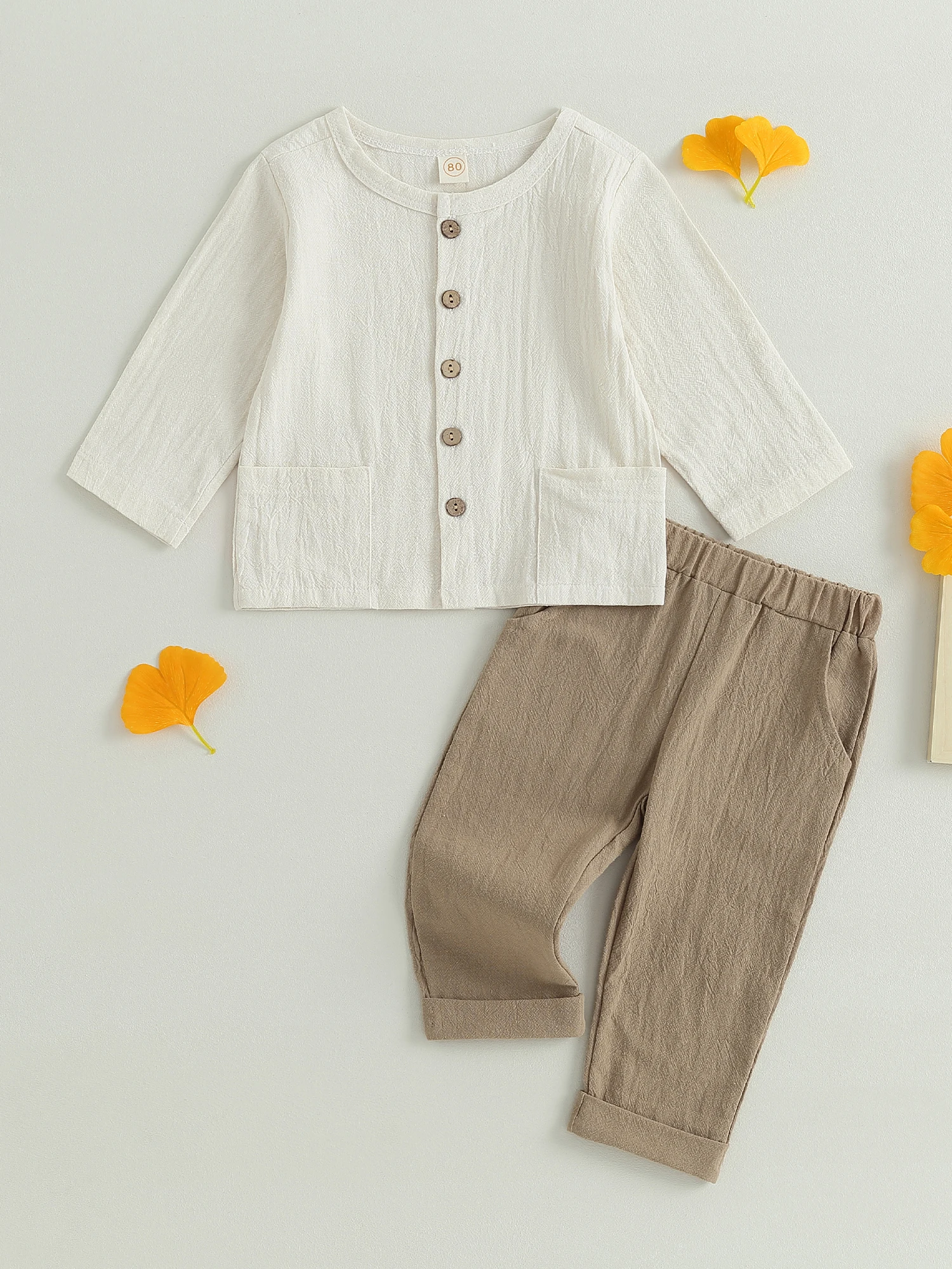 

Baby Boy Autumn Outfit Stylish Solid Button Down Shirt with Long Sleeves and Comfy Cotton Linen Pants Set