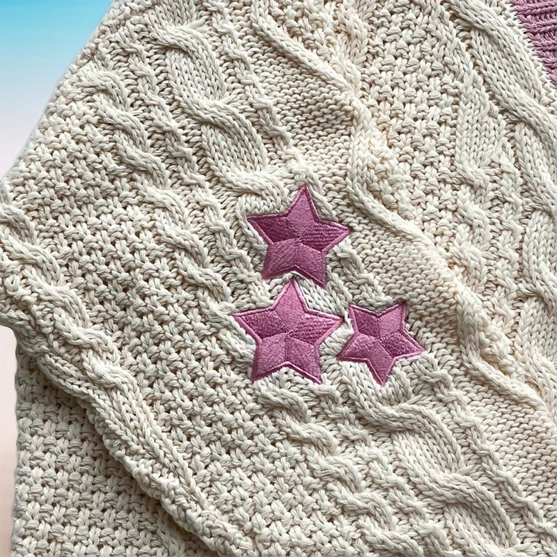 Autumn Winter Warm Pink Lover Sweater Women Cute Loose Long Sleeved V-neck Star Embroidery Knitted Cardigans 2