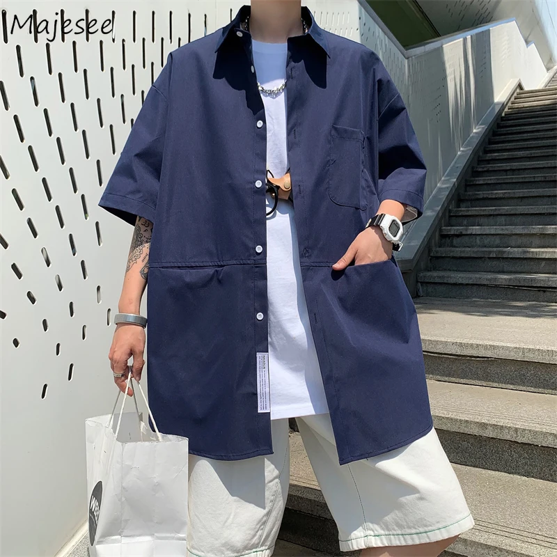 

Shirts Men Summer Harajuku Trendy Retro Blue Preppy Style Ins Casual All-match Popular Simply Gentle Teens Streetwear Pure Color