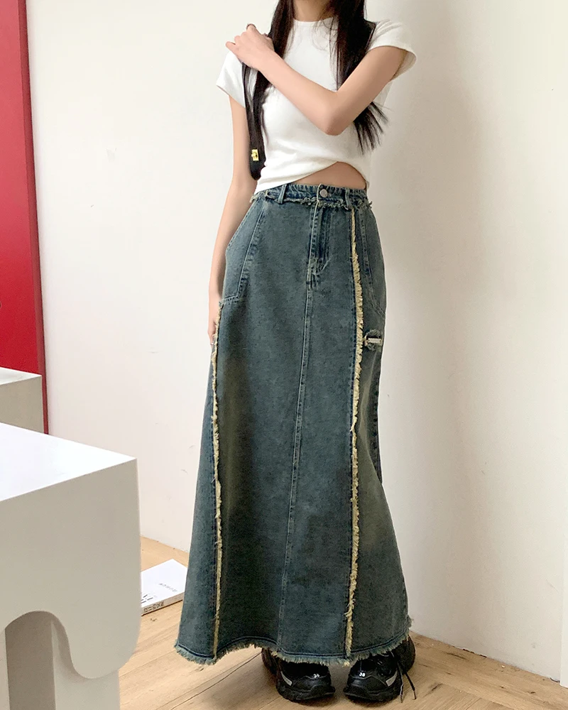 

Spring Vintage Blue Women Denim Skirt Streetwear American Style Casual High Waist Ladies Slit Jean Medium and Long A-line Skirt