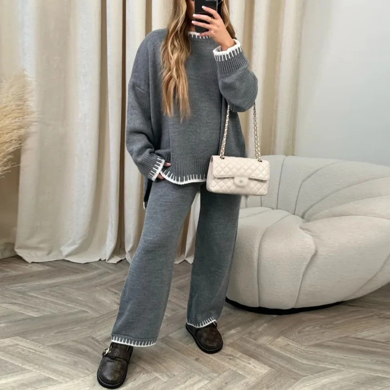

2023 New Autumn Patchwork Knitted Women Suit Fashion Solid Warm Commuting Long Pants Outfits Casual Loose Sweater Two Piece Sets
