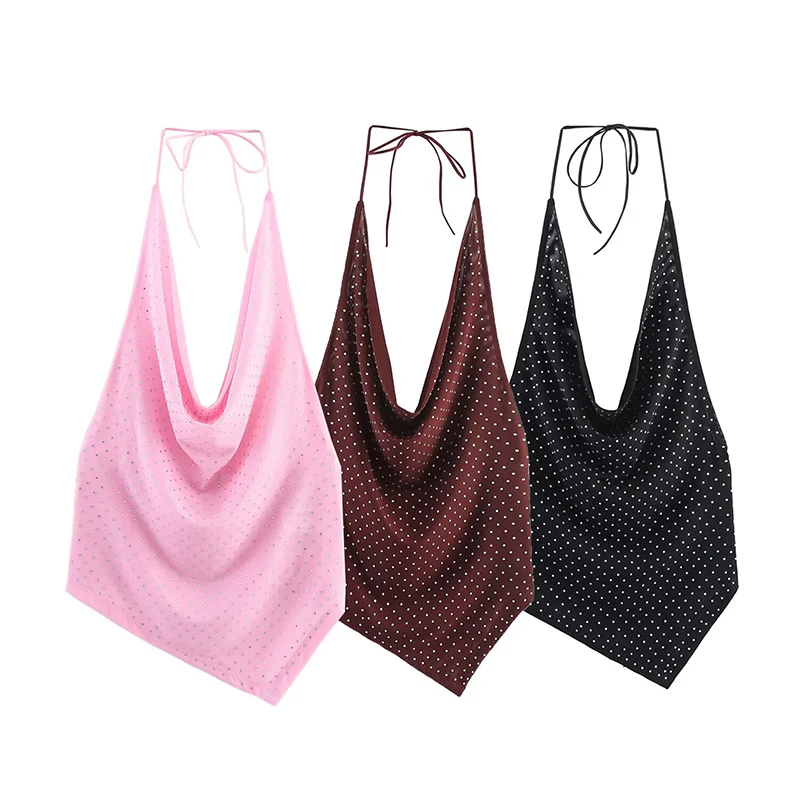 Sexy Halter Sling Tops Women's Water Diamond Tulle Backless Asymmetric Crop Top 2025 Summer New Lady Elegant Short Tops