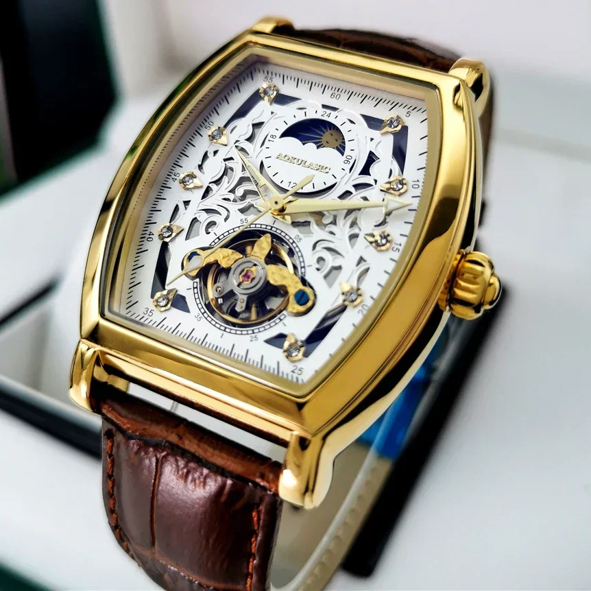 

AOKULASIC Automatic Mechanical Watches Men's New Tourbillon Watch Moon Phase Tonneau Sports Clocks 2023 Male Business Wristwatch
