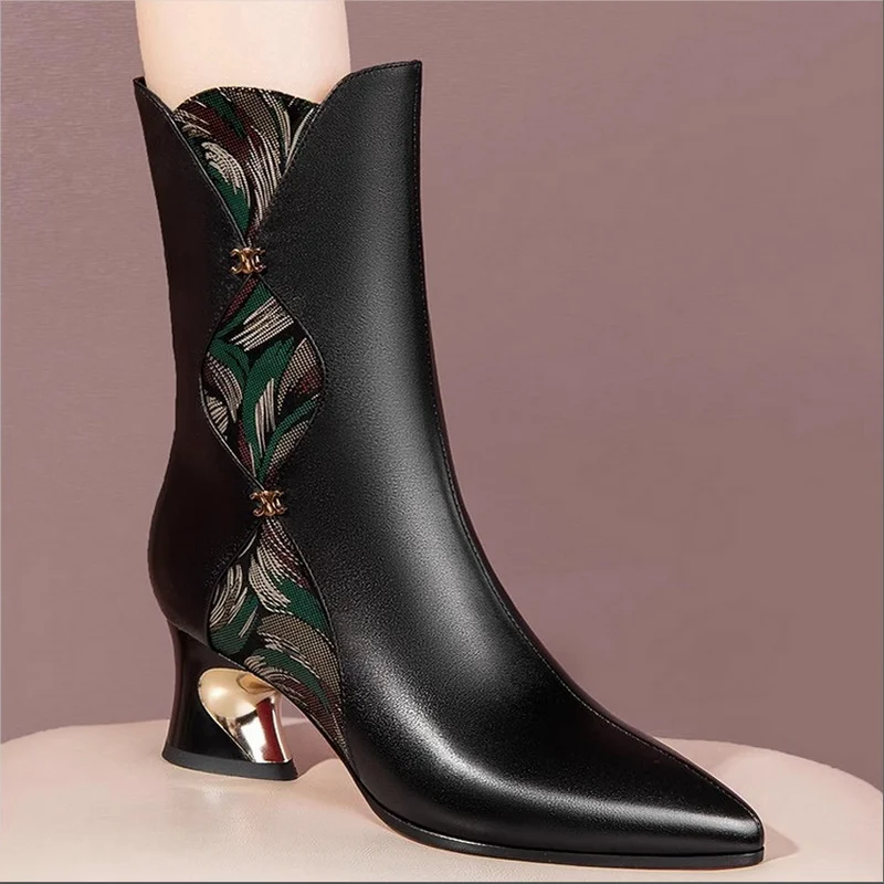 

FHANCHU 2023 Leather Mid Calf Boots,Women High Heels Booties,Plush Winter Shoes,Pointed Toe Botas,Side Zipper,Black,Dropship