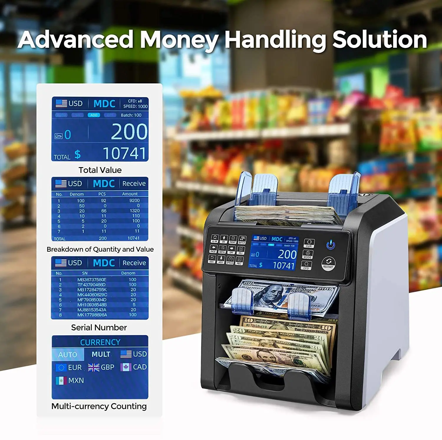 AL-950 Dual CIS Banknote Sorter Fitness Mix Value Money Counter Counterfeit Bill