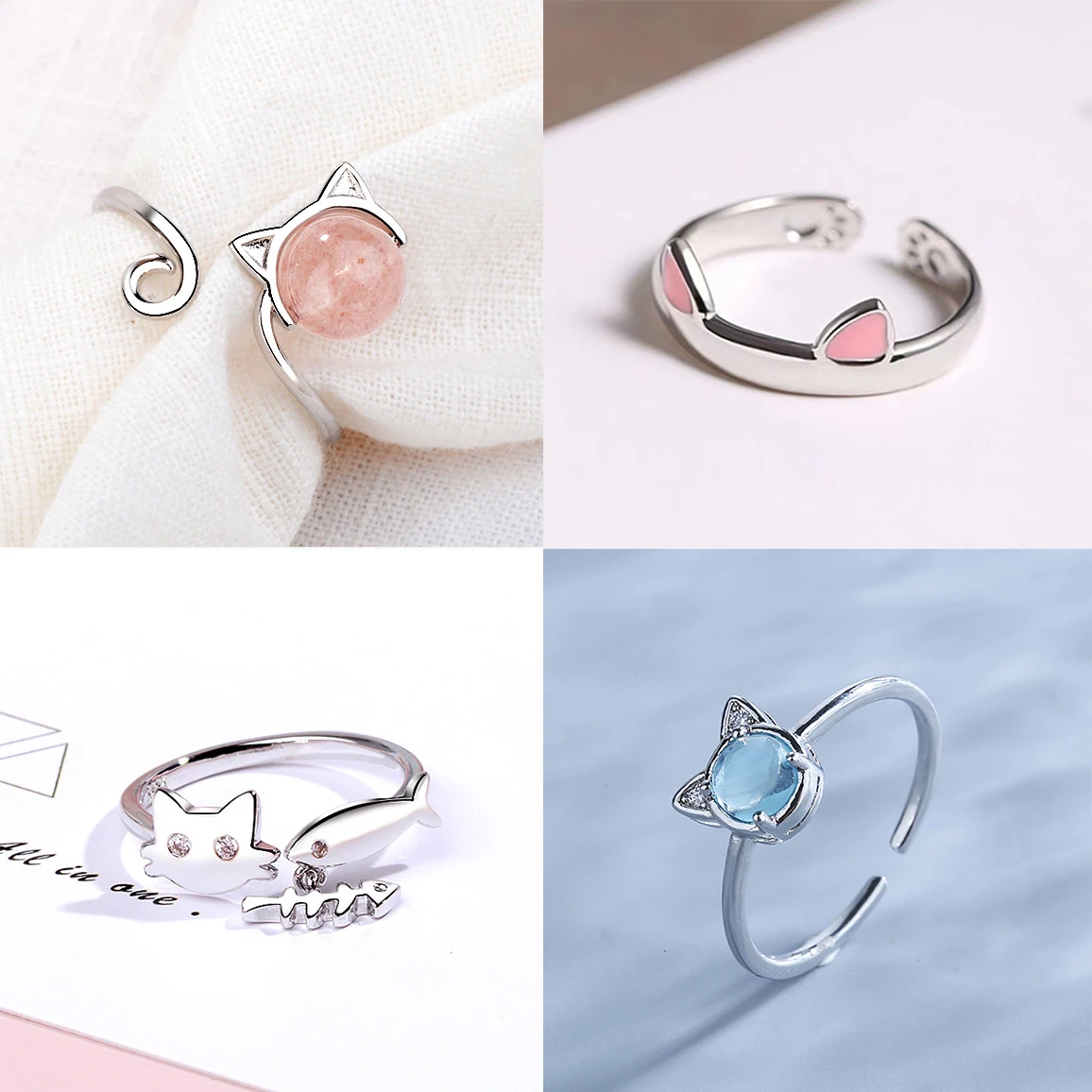 

New Fashion Silver Color Open Finger Rings Cat Love Fish Moon Stone Pink Animal For Women Girl Jewelry Gift Dropship
