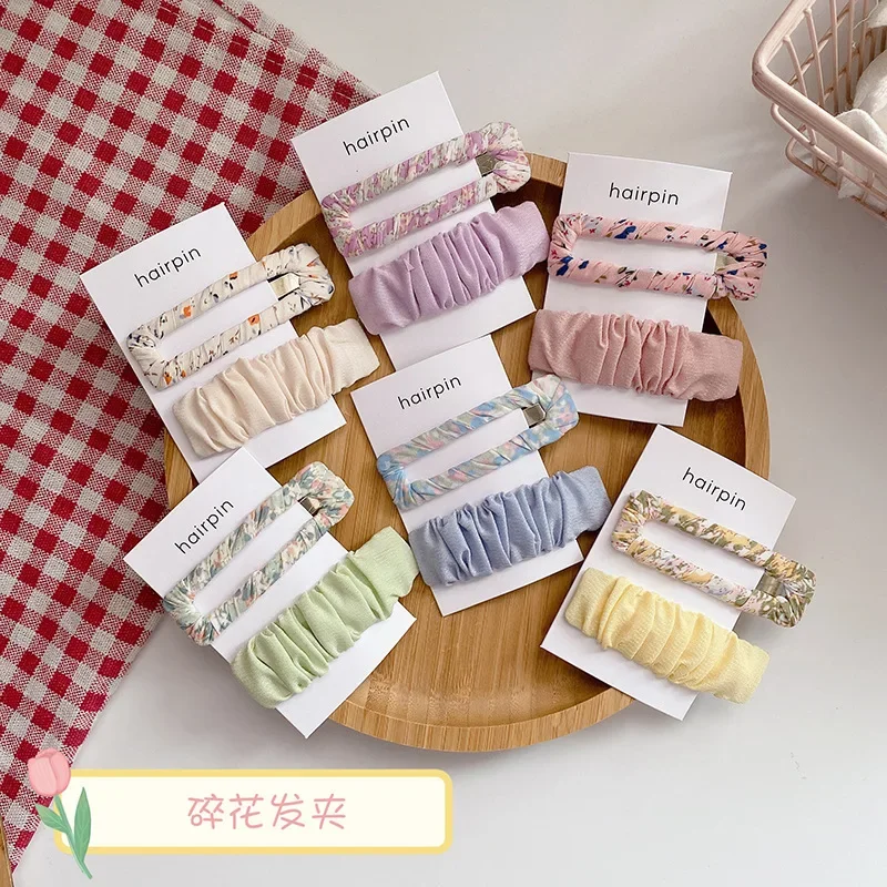 

2 Pcs New Korea Sweet Girl Simple Fresh Floral Hollow Square BB Clip Fashion Women's Folds Fabric Hairpins Hair Accessories