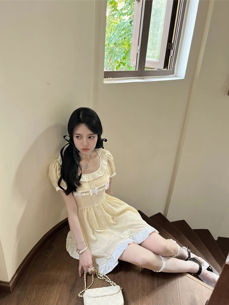 Deeptown Cute Kawaii Fairy Mini Yellow Dress Women Japanese Y2k Ruffles Puff Sleeve Tunic School Dresses Sweet Lolita Vestidos