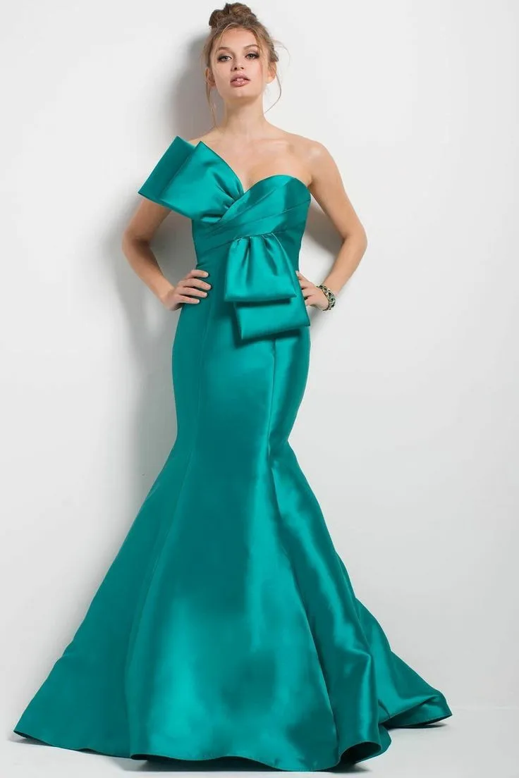 

Classy Long Green One Shoulder Evening Dresses With Bow Mermaid Satin Floor Length فساتين السهرة Prom Gowns for Women