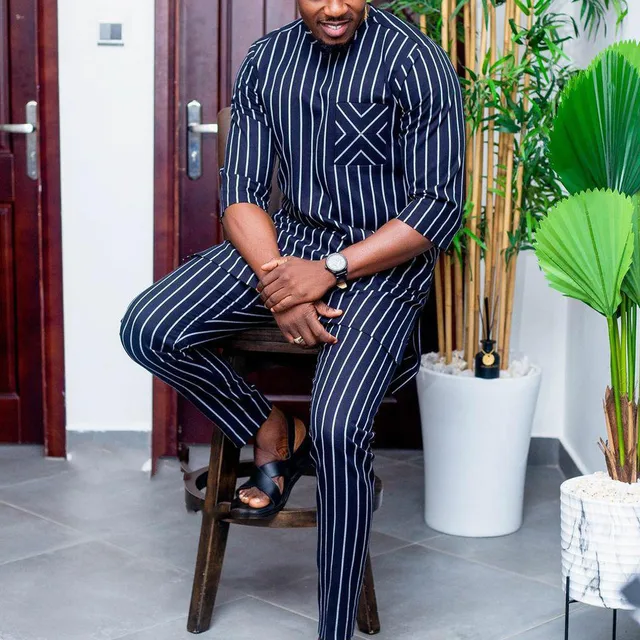 Olajide 2 Piece Dashiki Short Sleeve Striped Shirt and Pant - Image 6