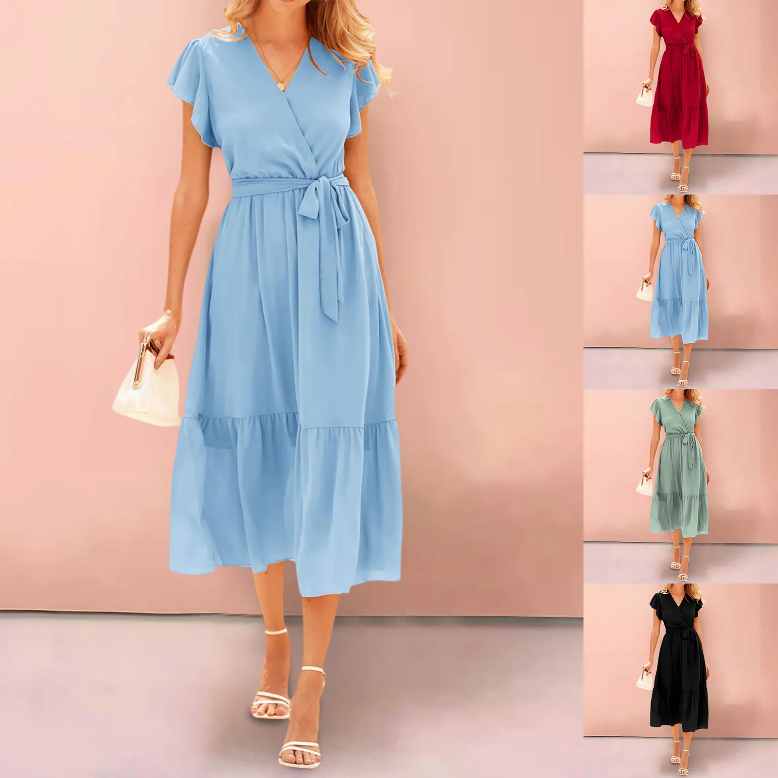 

Women Bohemian Casual Wrap V Neck Ruffle Cap Belt A Line Pleated Hem Sun Dress Womens Skate Dress