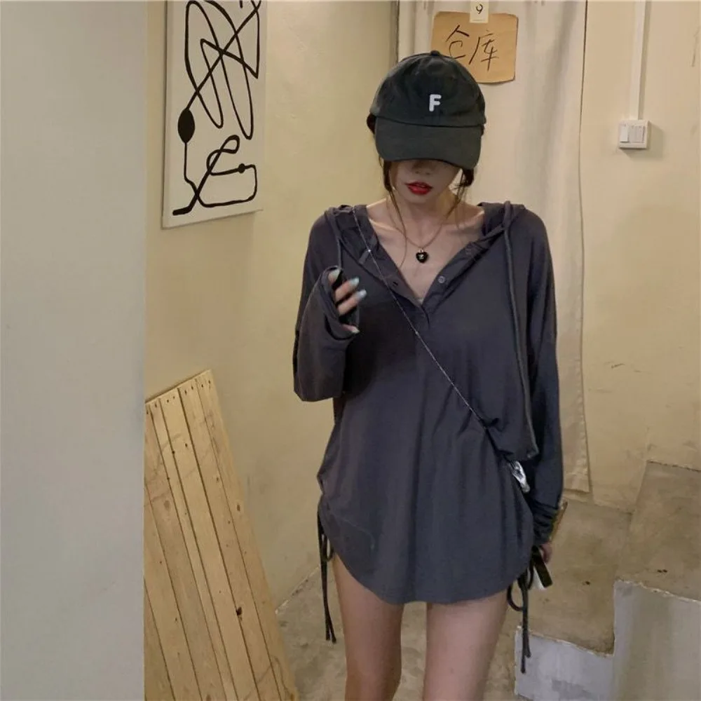 

Elegant Hooded V Neck T Shirt for Woman Korean Style Loose Drawstring Pullover Shirt Female Hot Girl Chic Button Long Sleeve Top