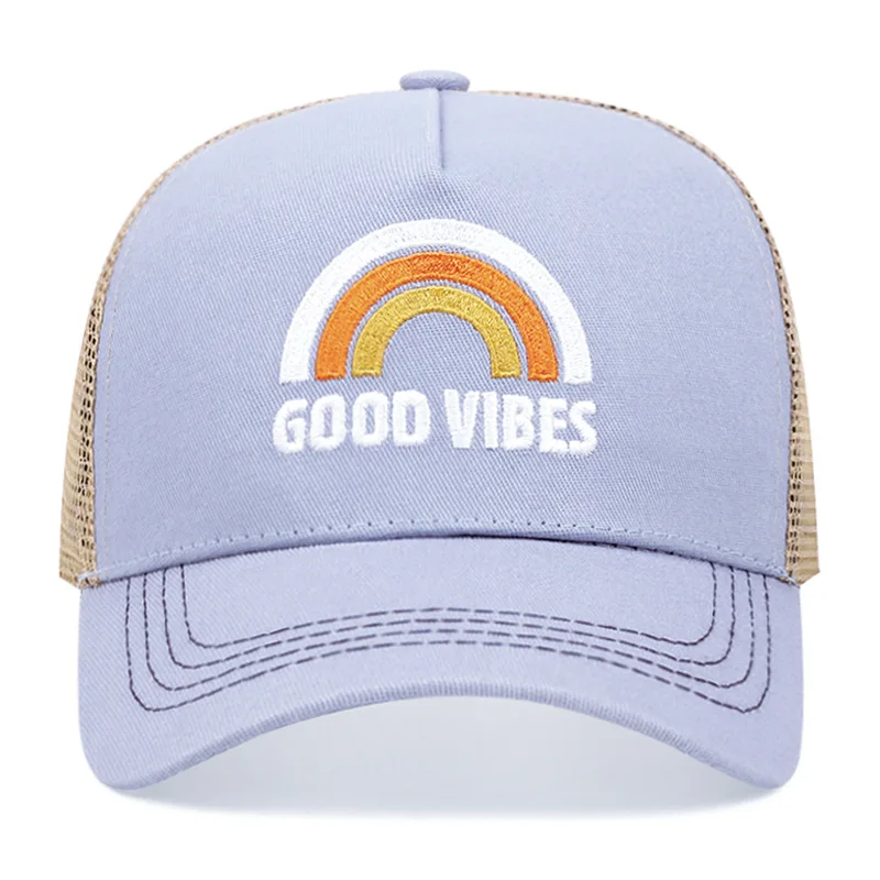 New GOOD VIBES Rainbow Embroidery Baseball Hat Men Women Hip Hop Snapback Trucker Cap Outdoor Mesh Breathable Sunscreen Hats 2
