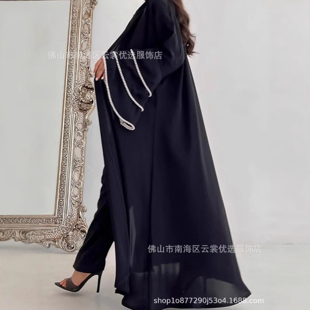 Black Long Sleeve Abaya Cardigan Dubai Style Spliced White Dot Fashion Outerwear Muslim Women's Clothing Full-Length Robe - Image 4