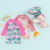 Kids Baby Girls Boys Beach Swimwear Floral/Tropical Tree Print Long Sleeve Zip Up Rompers Swimsuit Bathing Suits with Hat 6