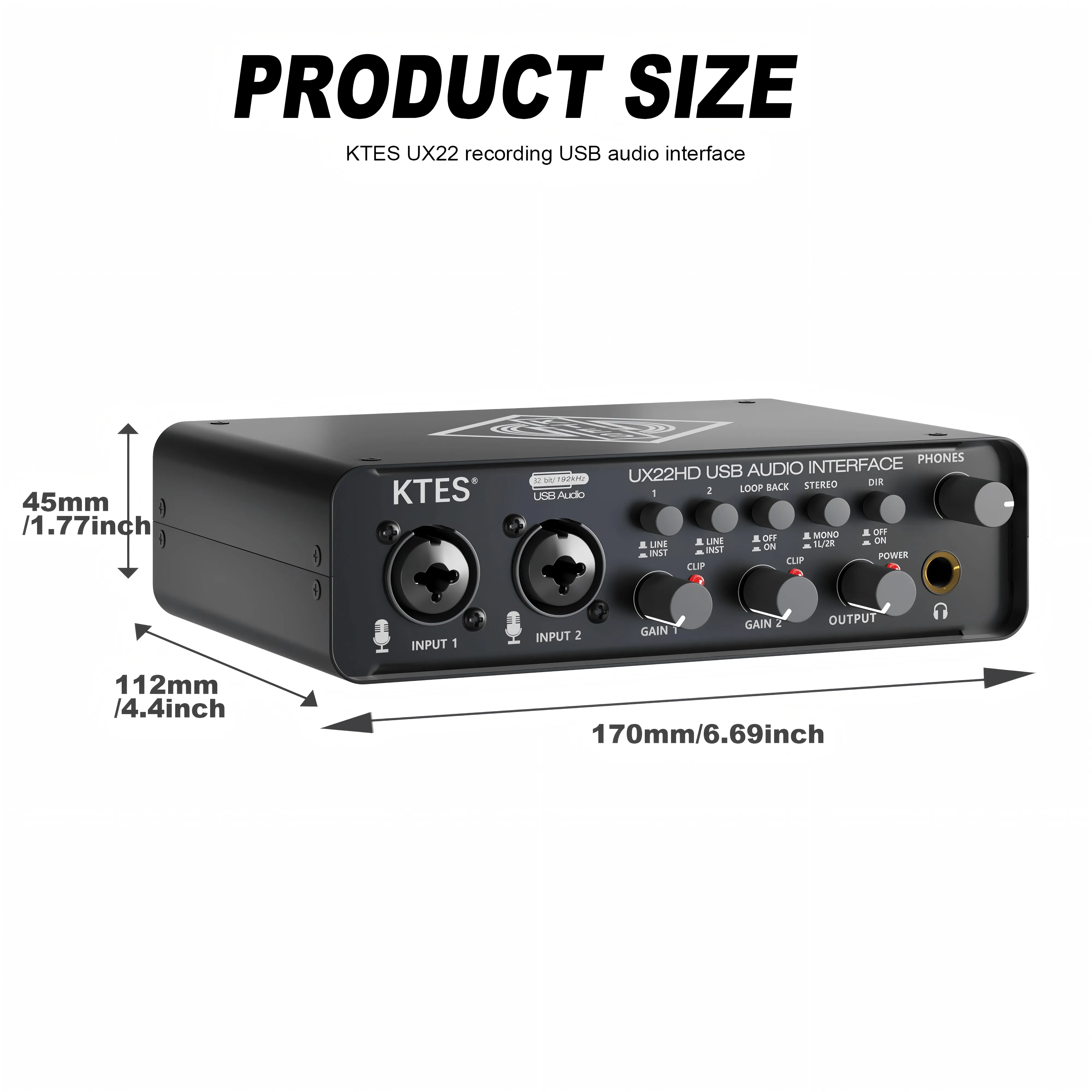 UX22 Audio Interface 192kHz 32-Bit USB Sound Card for Studio Recording Live Streaming Podcast DAW Music Production & YouTube