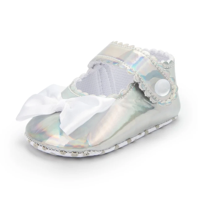Newborn Baby Shoes Baby Boy Girl Shoes Girl Classic Bowknot Rubber Sole Anti-slip PU Dress Shoes First Walker Toddler Crib Shoes Silver4
