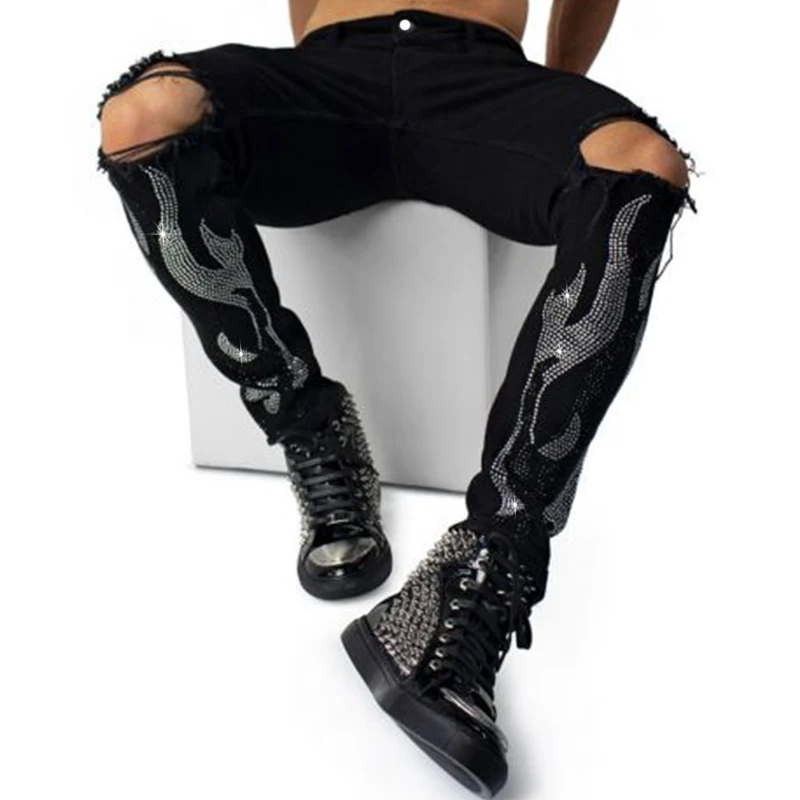 Men's Ripped Stretchy Black Jeans Skinny Slim Fit Punk Club Streetwear Biker Trousers Man Letter Rhinestone Denim Pencil Pants