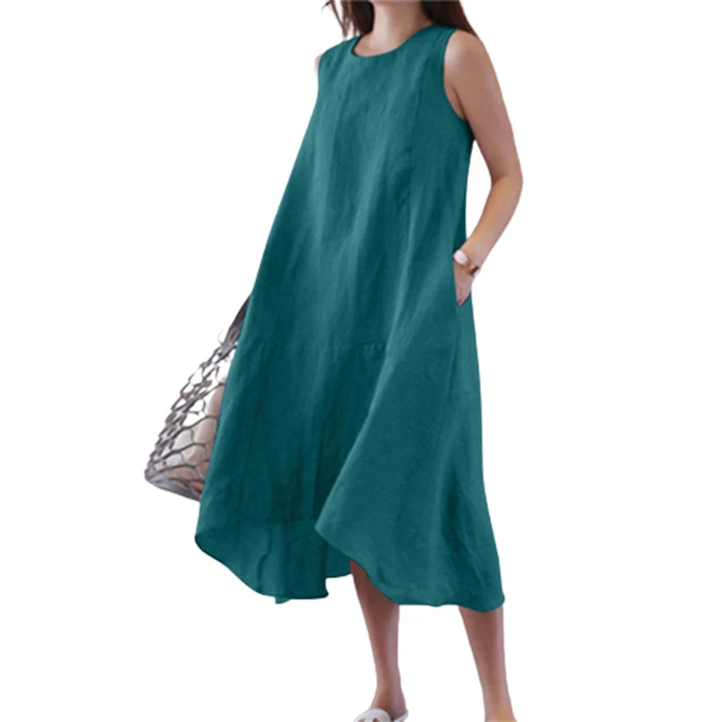 

Comfortable Cotton Linen Solid Color Dress Women Summer Large Size Double Pocket Sleeveless Dressy Female Minimalist Style Gown