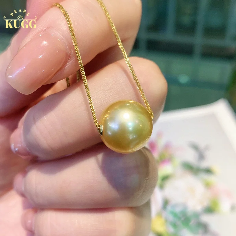 

KUGG PEARL 18K Yellow Gold Necklace Fashion Elegant Style 13-14mm Real Natural South Sea Gold Pearl Necklace for Women Weeding