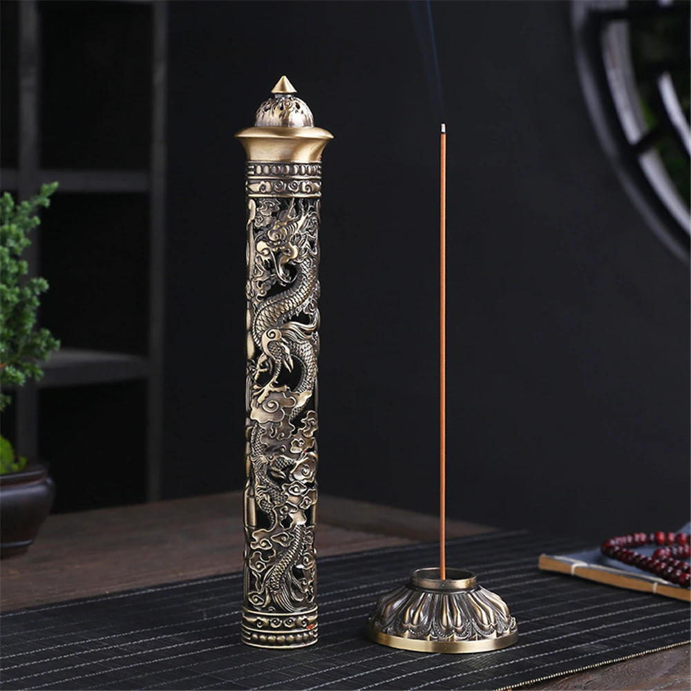 Archaize Vertical Incense Burner Buddha Heart Sutra Dragon Phoenix Pillar Metal Thread Incense Stick Home Office Decoration 3