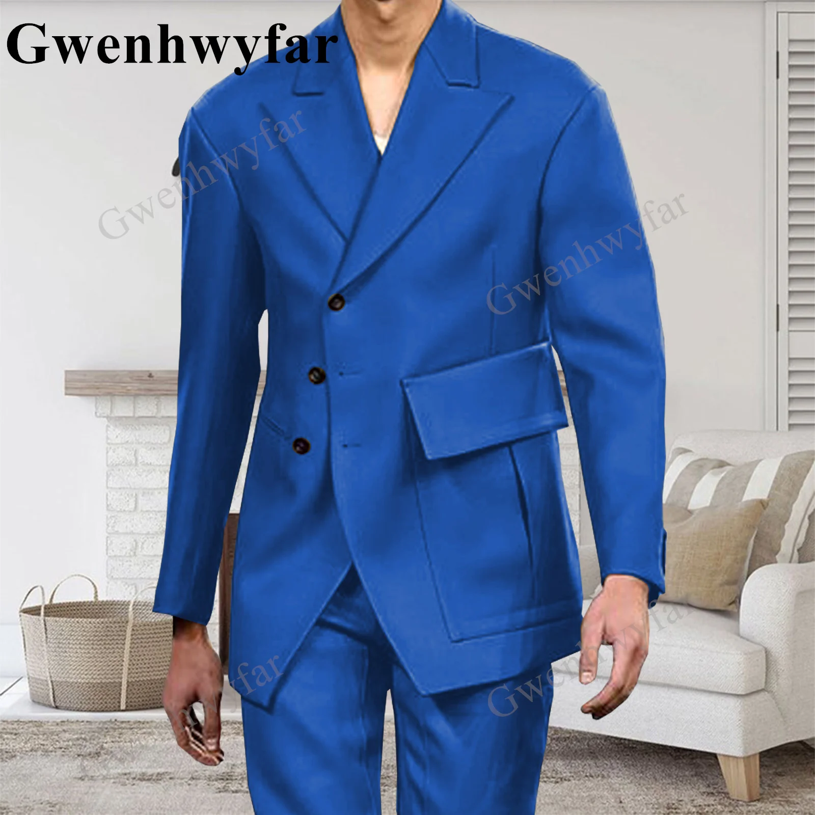 

Gwenhwyfar Royal Blue Handsome Groomsmen Peaked Lapel Groom Tuxedos Men Suits Wedding Best Blazer (Jacket+Pants) Costume Homme