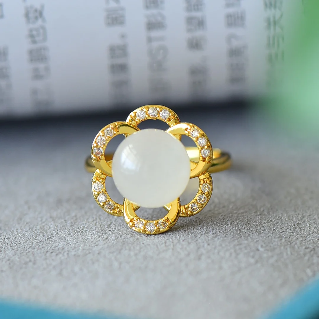 

Tension Mount Golden Hetian Jade Women's Rings White Gemstone Adjustable Gilt Accessories Flowers Female Ring Jewelry Trend 2024